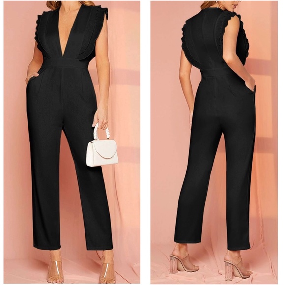 Luxe Black Plunging Neck Ruffle Cap Sleeve Jumpsuit - Picture 3 of 4